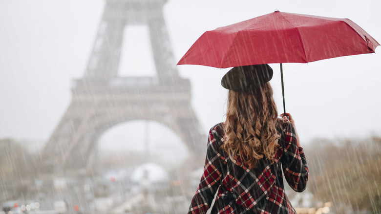 Woman with umbrella in rainy Paris
