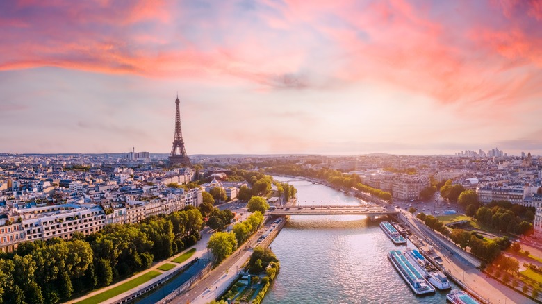 Pink sky over Paris skyline