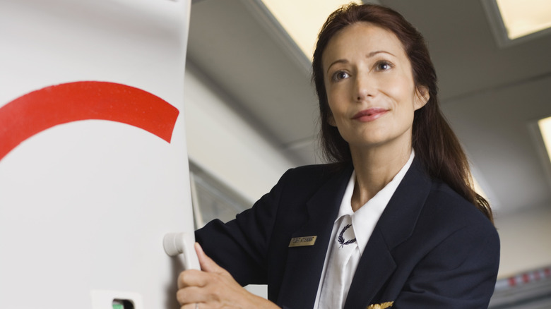 Flight attendant closing door