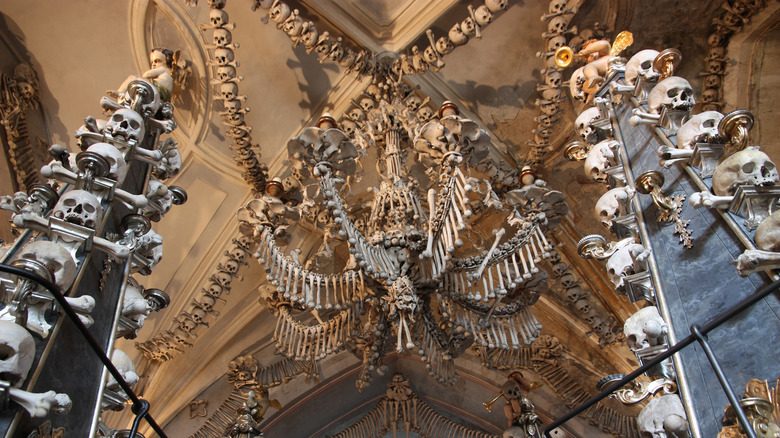 View of the ceiling at Sedlec Ossuary