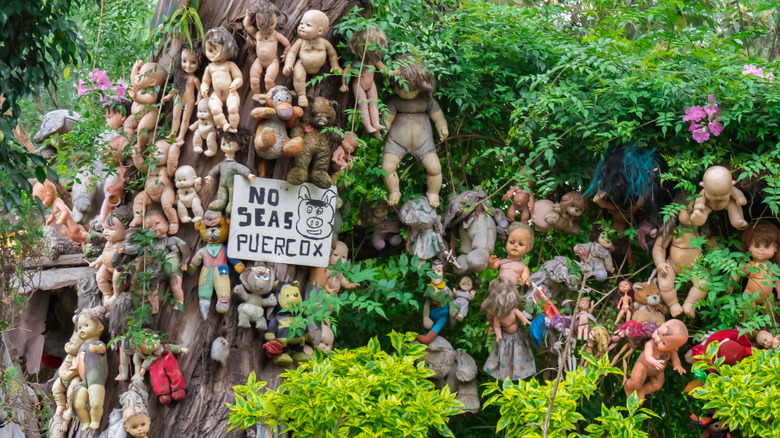Dolls on a tree and in bushes