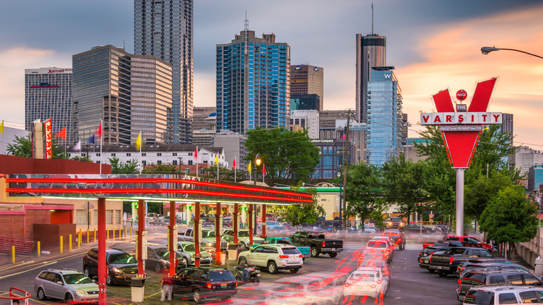 The Varsity restaurant with cityscape