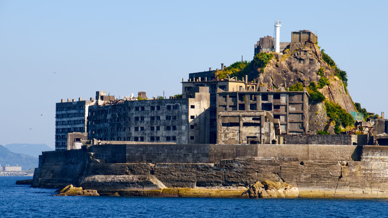 Abandoned buildings on island.