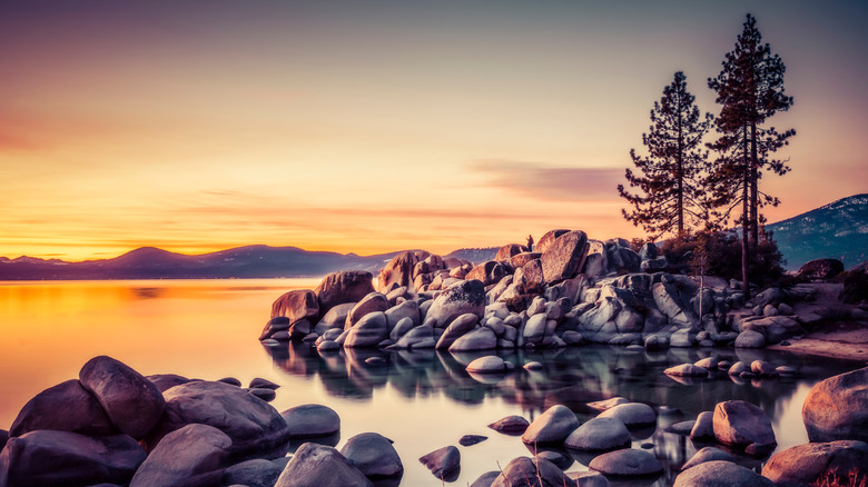 Lake Tahoe rocks at sunset