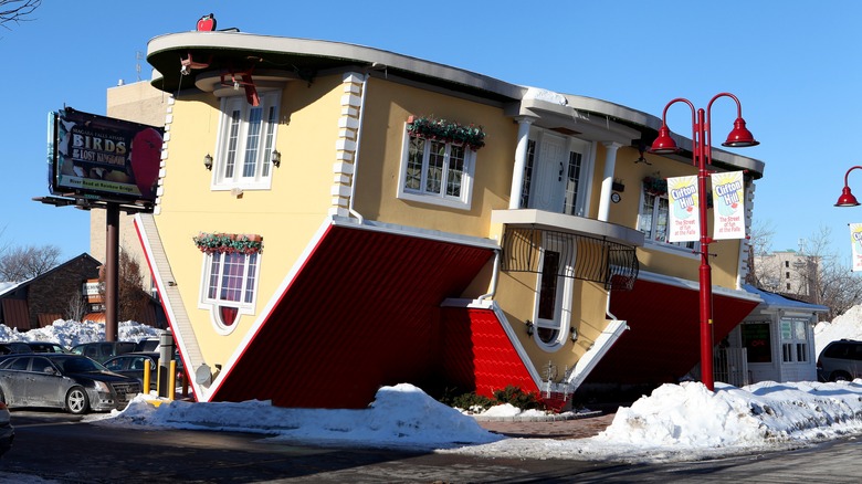 Upside Down House in snow