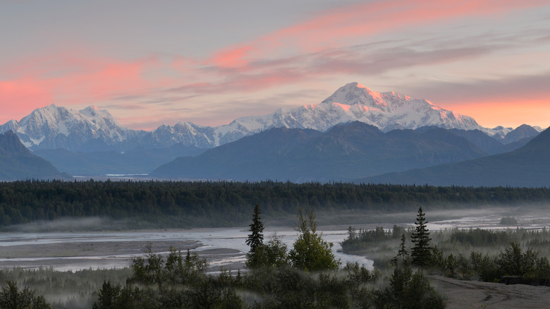 Sunrise over Denali snowy peaks