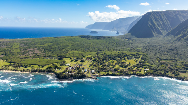 Hawaiian settlement, ocean, and mountains