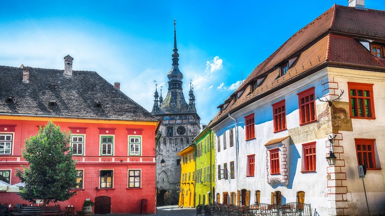 colorful buildings with clock tower