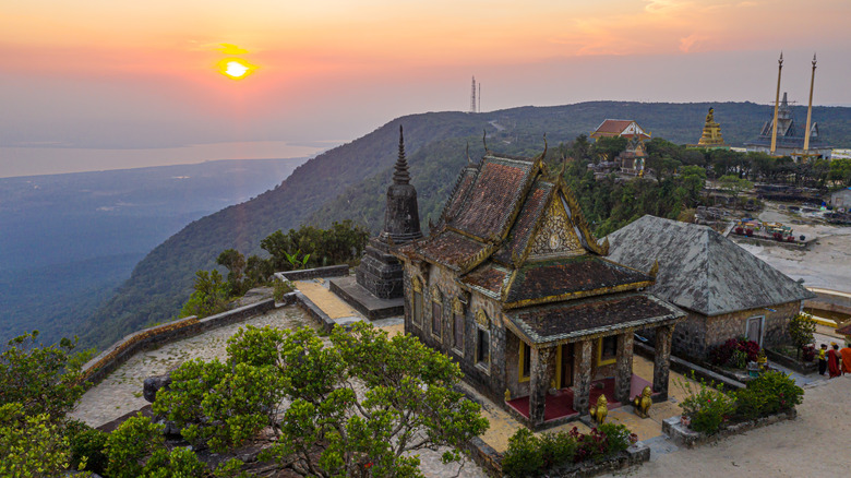 View of Wat Sampov Pram in Kampot