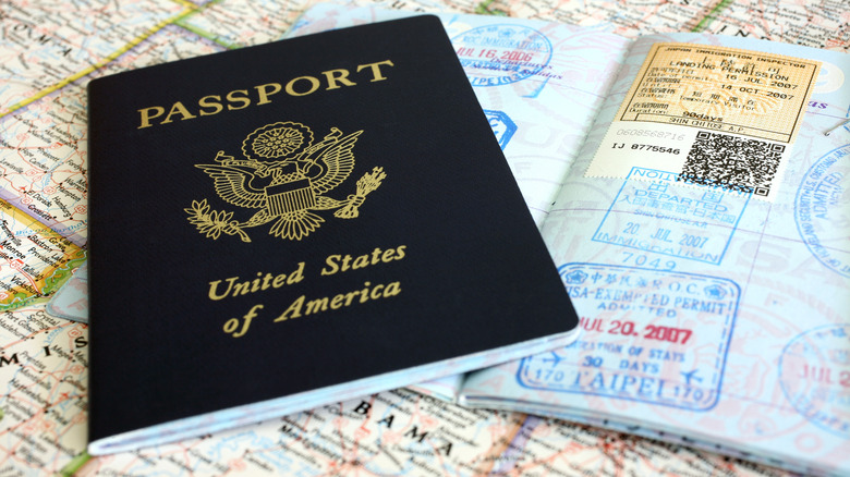American passports on a map