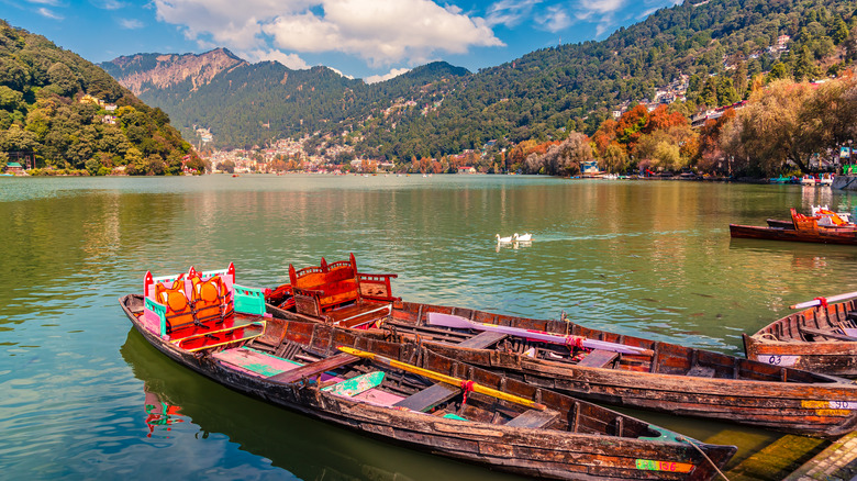 Boats on Nainital Lake, India.