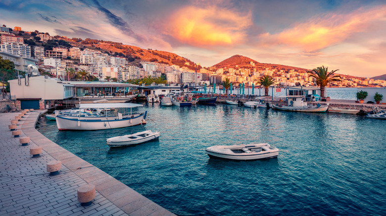 Sunset with boats in Sarande