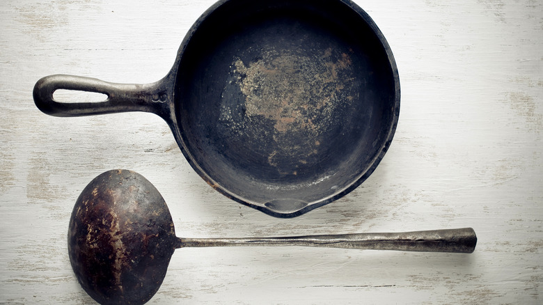 Cast iron skillet and ladle