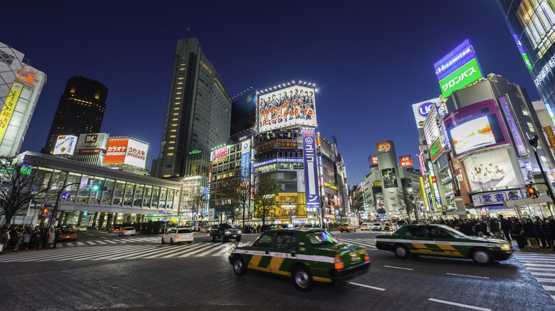 Taxis in a Japanese city.