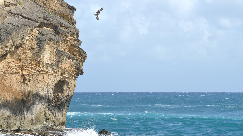 A cliff diver mid-jump