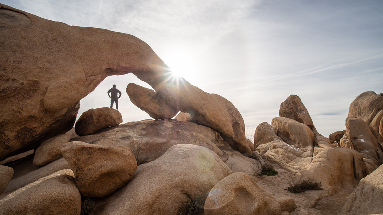 Person under Arch Rock at Joshua Tree National Park