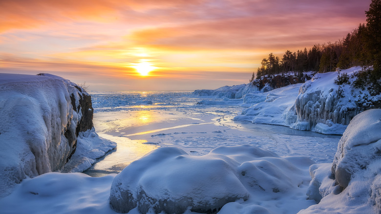 Lake Superior frozen at sunset