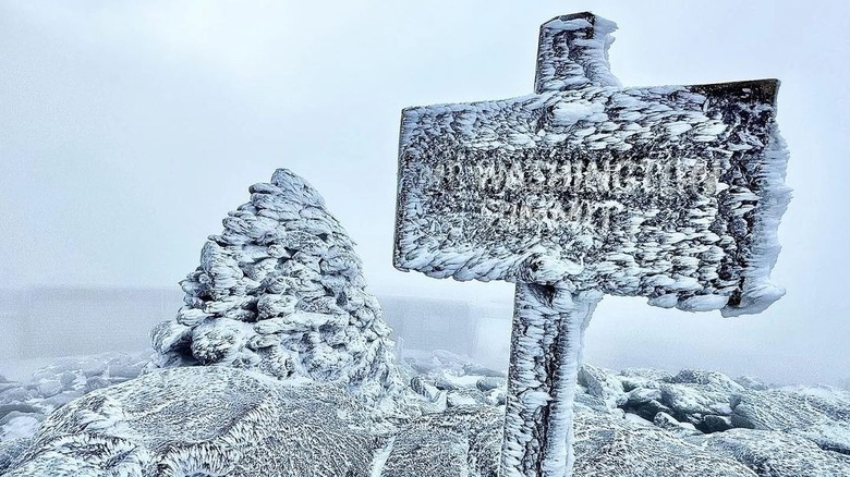 Snow-covered Mount Washington sign