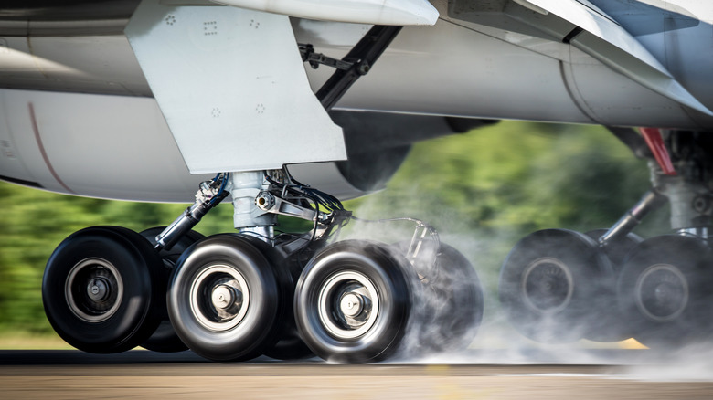 Airplane wheels at landing