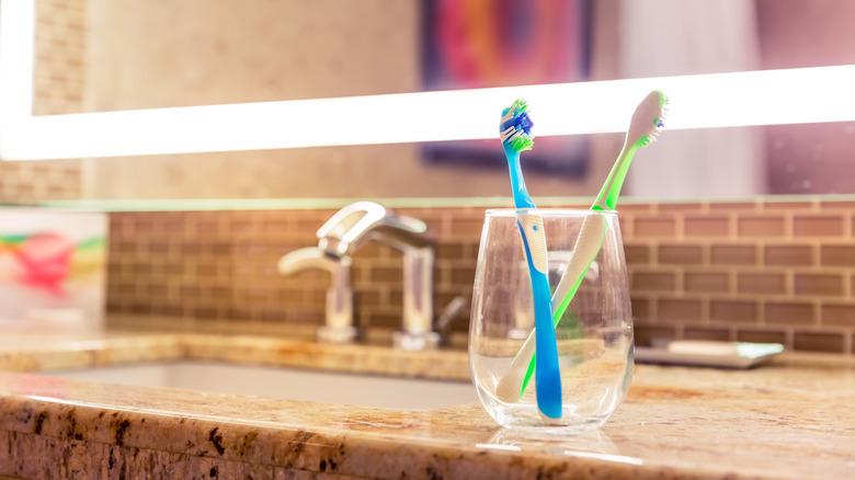 Toothbrushes in cup at hotel