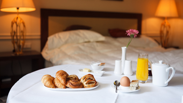 hotel breakfast near bed