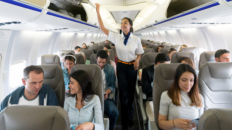 flight attendant and seated passengers