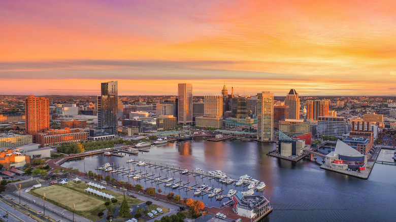 Baltimore cityscape at sunset