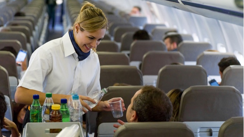 flight attendant serving drinks