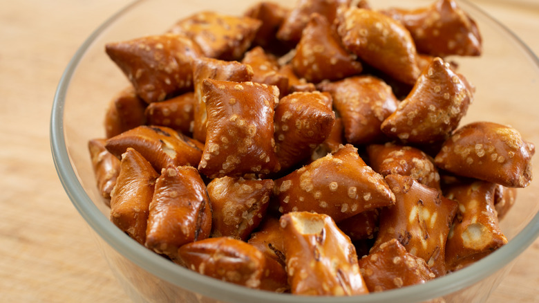 Bowl of peanut butter filled pretzels