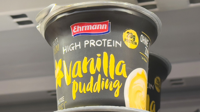 High protein pudding cup on grocery store shelf