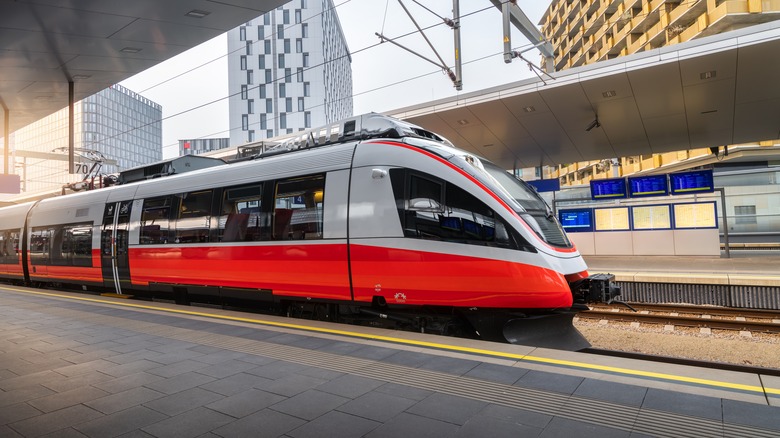 Red train in Vienna, Austria