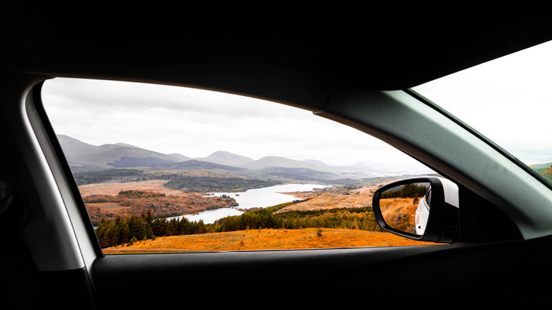 Mountains seen through car window