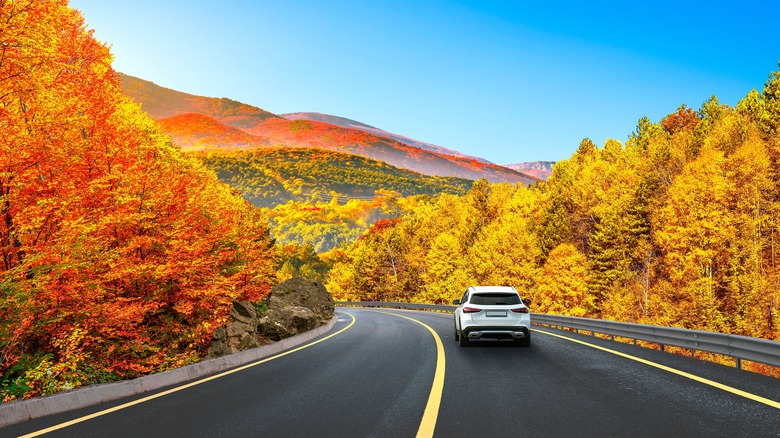 Car driving through autumnal mountains