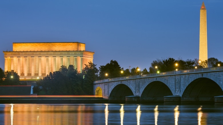 Washington landmarks illuminated at night