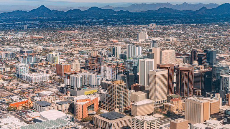 Aerial view downtown Phoenix mountains background