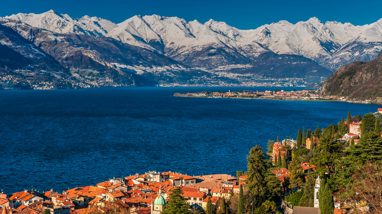 lake, village with red roofs, and snowy mountains