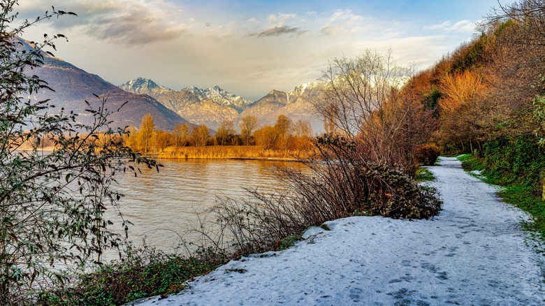 snowy trail along the lake