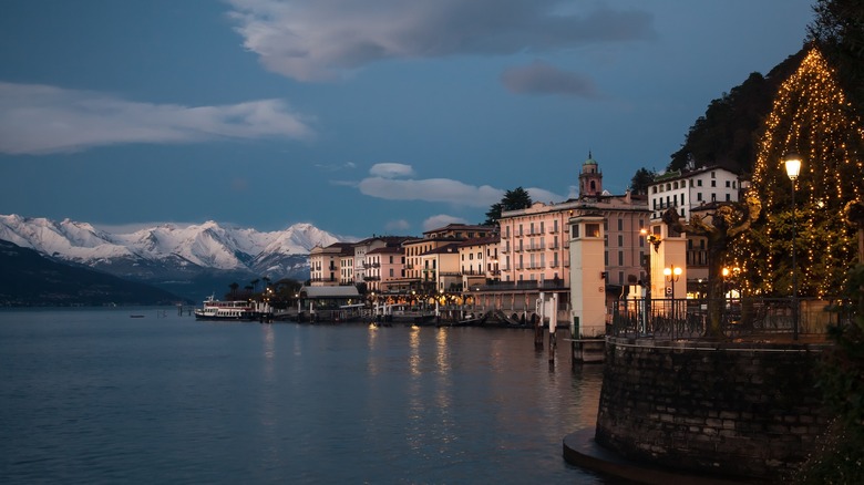 village, mountains, lake and Christmas tree