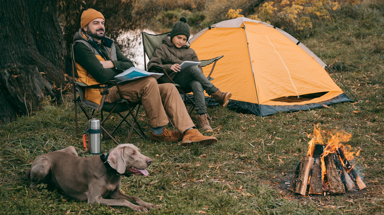 dog sitting outside tent with owners