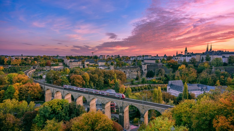 Train at sunset through Luxembourg