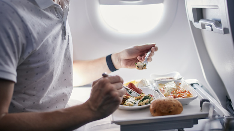 Person eating airplane meal