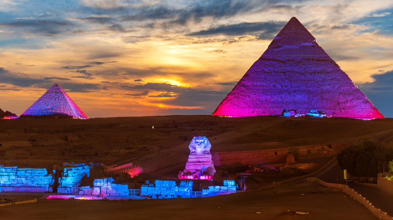 Multi coloured pyramids and sphinx at the Sound and Light show