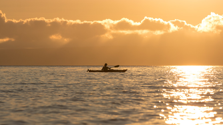 woman kayaking at sunset