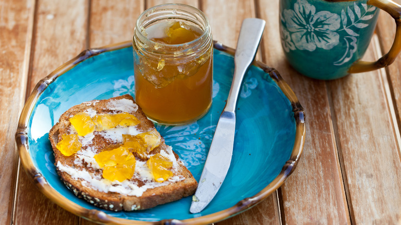 jam and toast on plate