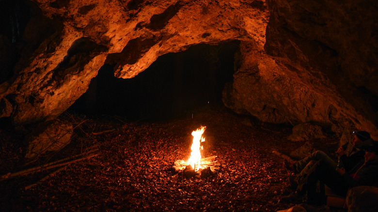 campfire in a cave area