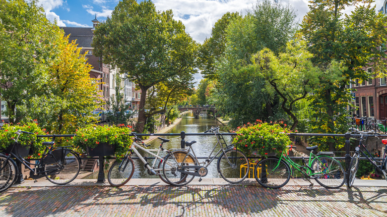 Bicycles are parked along a canal street in Utrecht