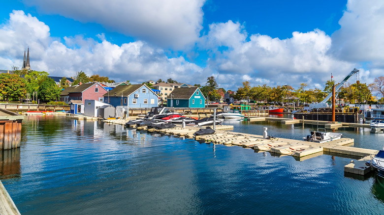 Colorful seaside town and bay with boats on Prince Edward Island