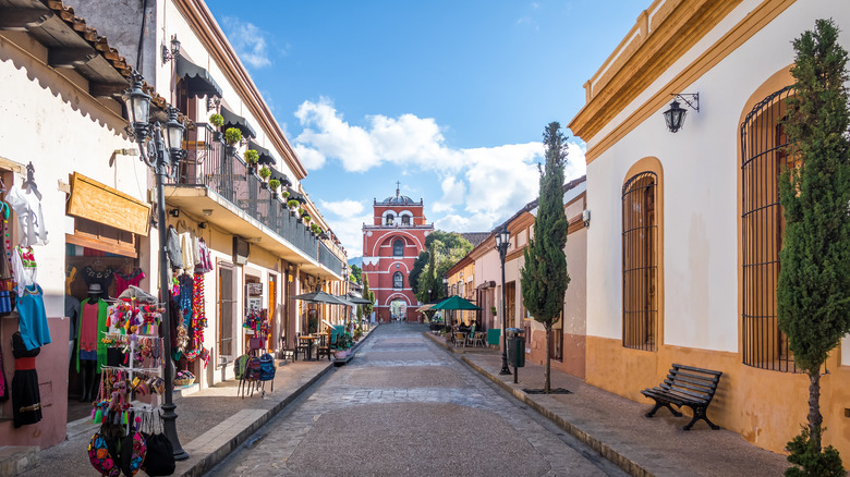 A cobblestone street in San Cristóbal de las Casas, Chiapas, Mexico