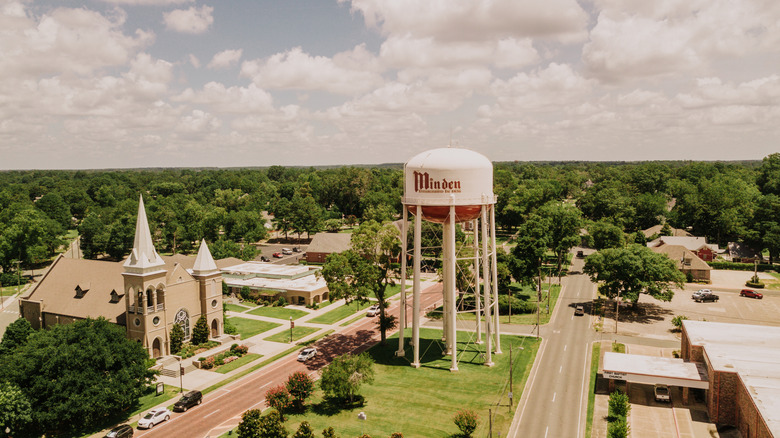 aerial view of city with Minden watertower