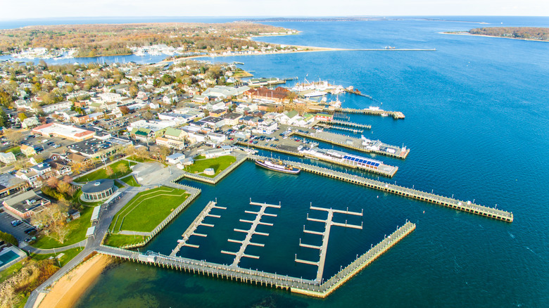 Aerial view of Greenport coastline